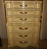 Hollywood Regency Chest on Chest that has a matching Dresser with Mirror, 2 Nightstands, Round Table and King Size Headboard