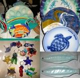 Lots of great Fishy Serving Pieces and Miniature Fishies and Sea Life that hang from a Miniature Tree