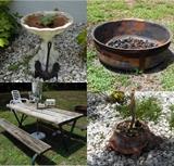 Lots of Outdoor Décor and Furniture, Fire pit has a cover, many plants and planters, at least 3 bird baths and picnic table with umbrella 