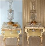 Hollywood Regency Marble Topped Tables c1957-they have a matching coffee table. Pair of Gorgeous Glass Lamps with Large Cut Glass Prisms. 