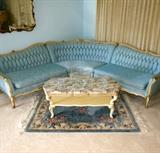 Hollywood Regency Self Decked Sectional Sofa, c1957; Looks practically brand new. Marble topped Hollywood Regency Coffee Table c1957-has 2 Matching End tables