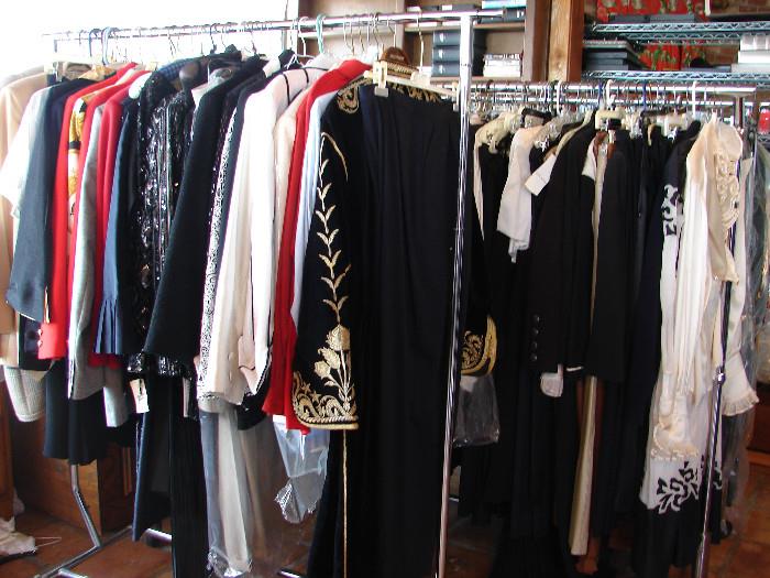 Two of twenty racks of clothes and more in huge closets the size of rooms. We will photograph furs, evening wear, handbags, scarves, and more in June and July. Clothes will be offered at all four sales.  Designer and name brand labels abound. Size 8-10 mostly, some larger, some smaller.