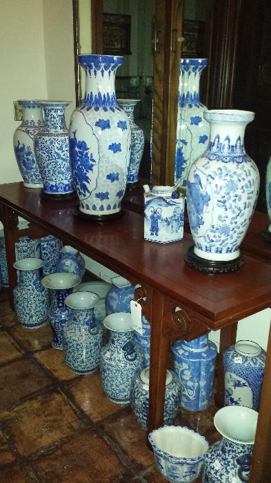 Blue and white vases abound.