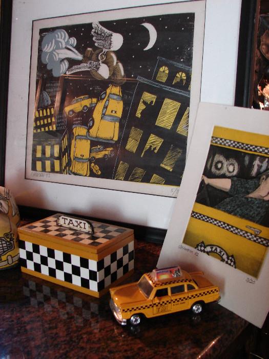 Selection of Checker Cab art and collectibles. There are 7 genuine Checker Cabs waiting for restoration. Buy one or all. $3,500 each. Haul when you can.