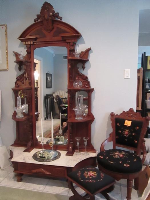 BURLED WALNUT WITH MARBLE TOP VICTORIAN ETAGERE, NEEDLEPOINT EASTLAKE CHAIR AND FOOTSTOOL, VINTAGE GLASS BASKETS, PLATEAU MIRRORS
