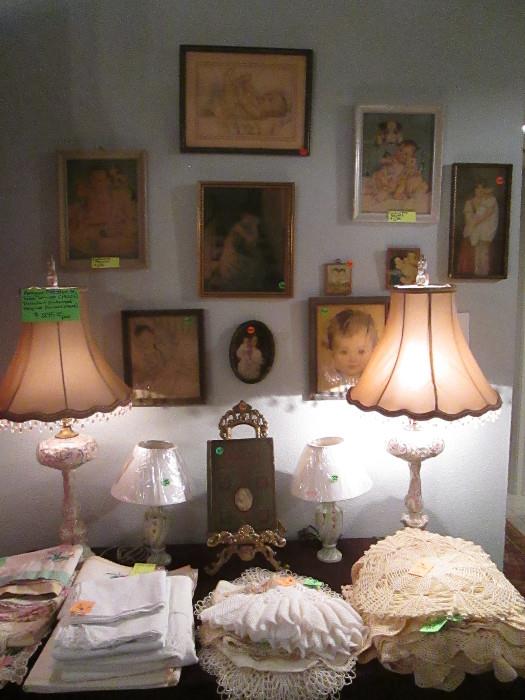 Pair of antique Dresden lamps, vintage baby picture collection, vintage lace, linens, doilies, quilts, embroidery, and tablecloths.