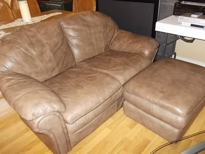 Leather loveseat and ottoman