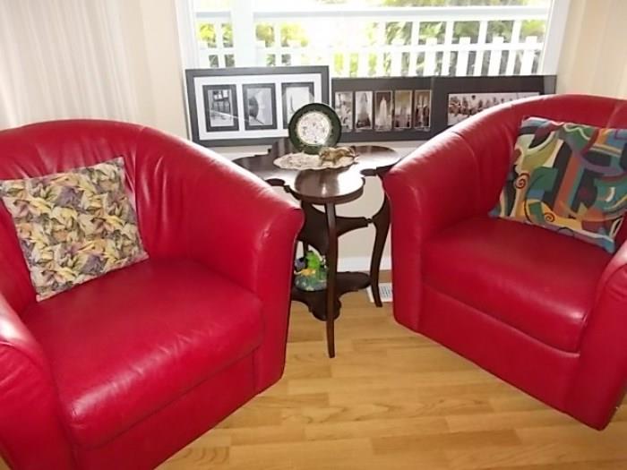 Two "Italsofa" red barrel chairs.