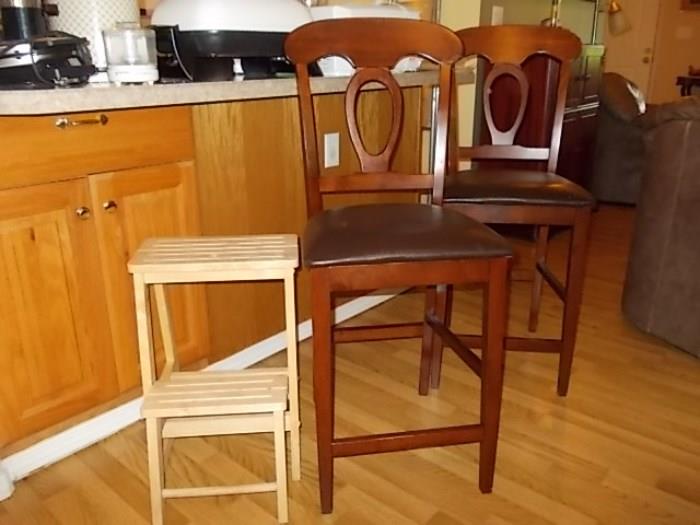 Tall counter chairs and wooden step/seat