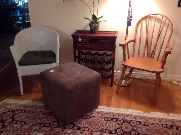 White wicker chair, wine rack, ottoman, chair