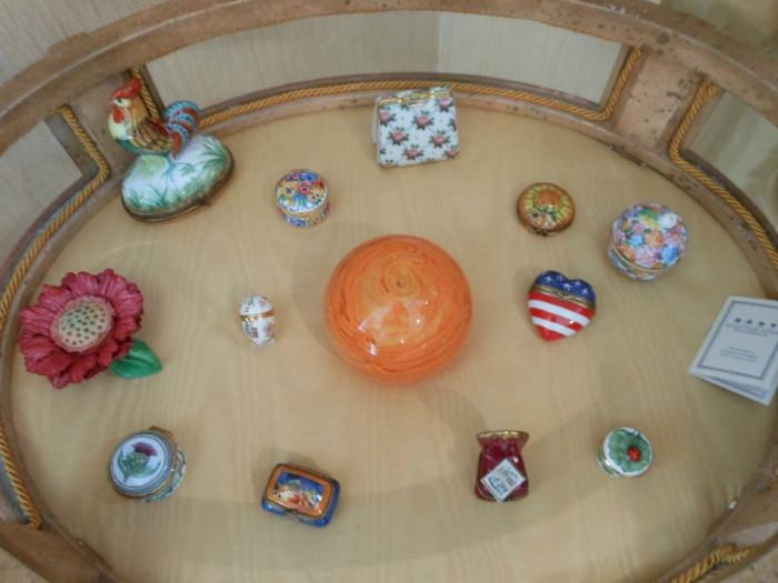 Enamel trinket boxes and art glass paperweight