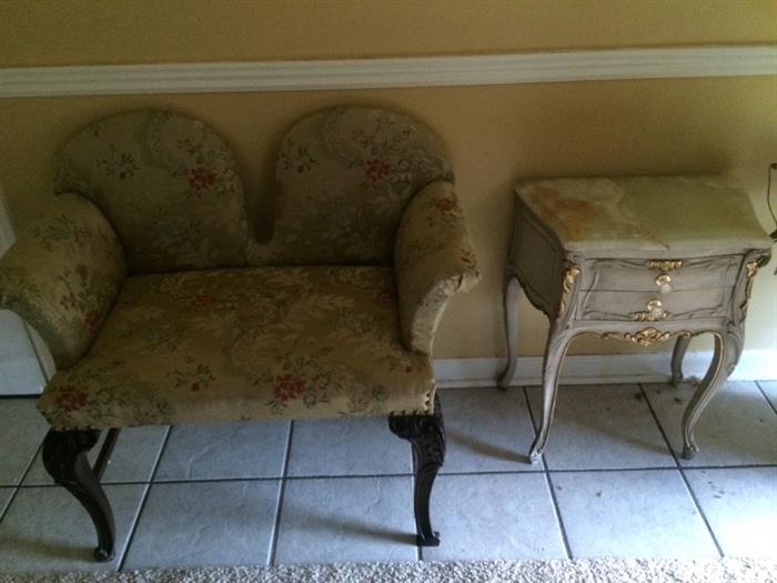 Chines silk upholstered bench and stone/onyx topped side table