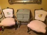 two petite antique french chairs upholstered in Princess style!! cottage wash stand or small table