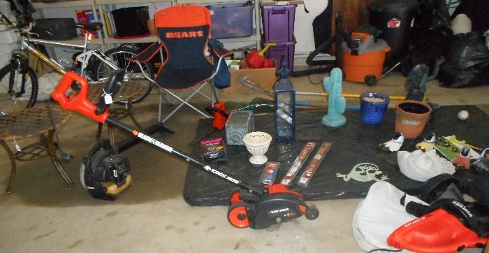 Patio small tables, Garden Decorations, Bike, Bears Outdoor Camping or Tail gate Chair, Lots of Garden Lawn Tools, Lawn edger and Lawn blower.