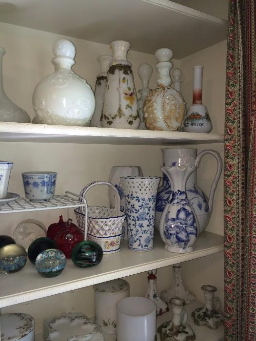 Wave Crest decanters; vintage paper weights; some of the many blue & white items
