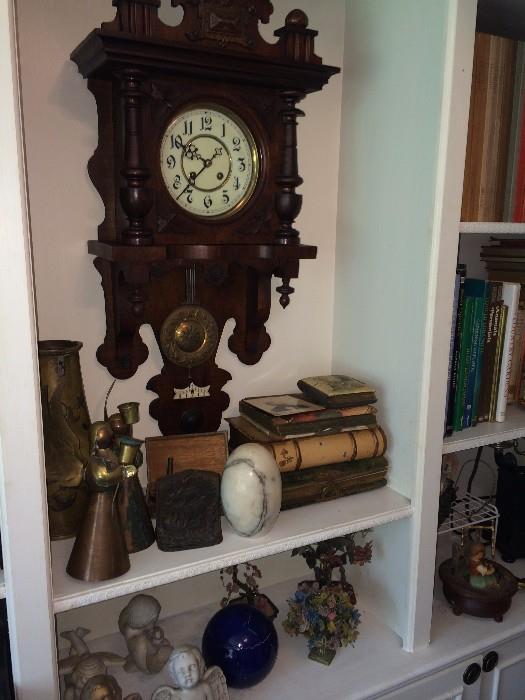         Antique wall clock; many knick knacks