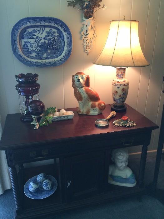 Large Blue Willow platter; Staffordshire-like dog; luster lamp and many other decorative items
