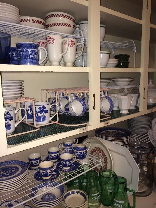 Blue Willow dishes; many other dishes & platters