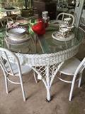Antique wicker round table; 4 metal bentwood-style  chairs