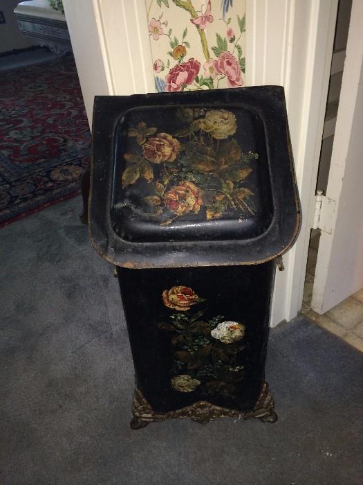   Hand painted antique coal scuttle storage box