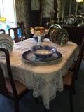  Antique dining table & 8 Queen Anne chairs; many blue & white bowls & plates
