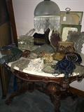  Victorian lamp; vintage beaded purses; oval marble top beautifully carved table