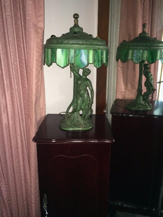      Art-deco green stained glass lamp