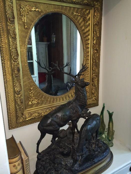      Cast iron elk (signed); antique mirror