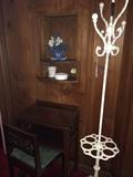    Small desk & antique iron hat rack