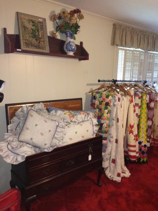Queen Anne style blanket/cedar chest; antique shelf; many antique & vintage quilts 