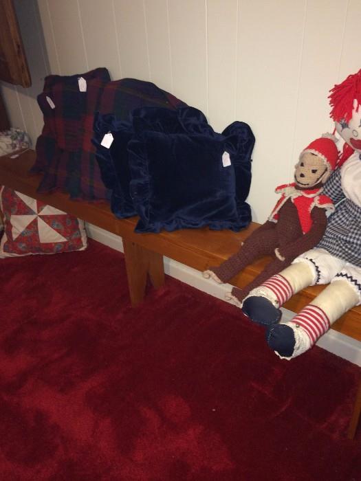 Curious George & Raggedy Ann on six foot pine bench 
