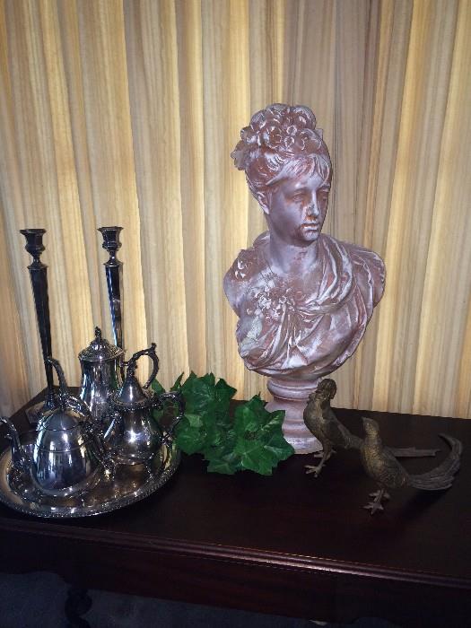 Silver plate tea service & candle sticks; lady statue