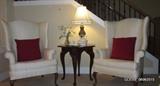 Pair of Wing Chairs, Accent Pillows, Lamp Side Table, Lamp.
