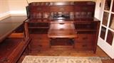 Executive Office Desk 4 sections. Leather Top Desk with Keyboard Drawer, Corner Unit, 2nd Desk with 2 File Cabinets, and Keyboard Drawer. Top Compartment Shelf. Hooker Furniture USA