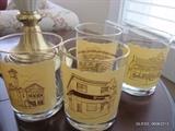 4 Brookline Commemorative Cocktail Glasses (Engine Company, Mellon Bank Brookline Office, Carnegie Library of Brookline, Brookline War Memorial)