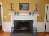 20th C. oriental vases, ornate brass & crystal sconces, antique brass and fireplace fender