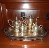 Sterling silver coffee, tea, creamer & sugar, silverplate galley tray.
