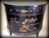Uniquely shaped black lacquer, Asian painted, antique chest of drawers!