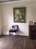 SIDE TABLE AND FRAMED & LIGHTED PAINTING BY RENOIR -TWO GIRLS IN THE MEADOW