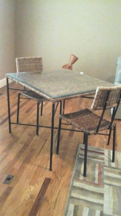 Glass top Patio Table with 2 wicker chairs