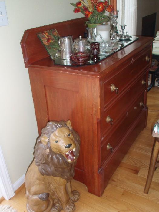 Wonderful walnut dresser- keen pottery lion