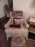 Needlepoint Pillows and Stool, Silk Arm Chair