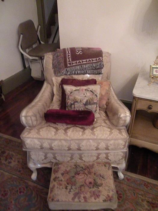 Needlepoint Pillows and Stool, Silk Arm Chair