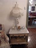 L & F Moreau signed lamps, Marble Top End Tables