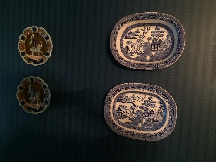 Majolica plates; Blue Willow platters
