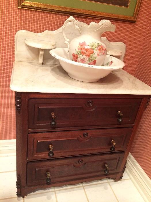  Three drawer antique wash stand and bowl & pitcher