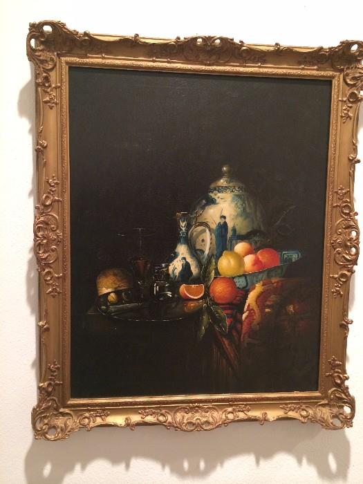 Framed art of fruit with blue & white urn & pitcher