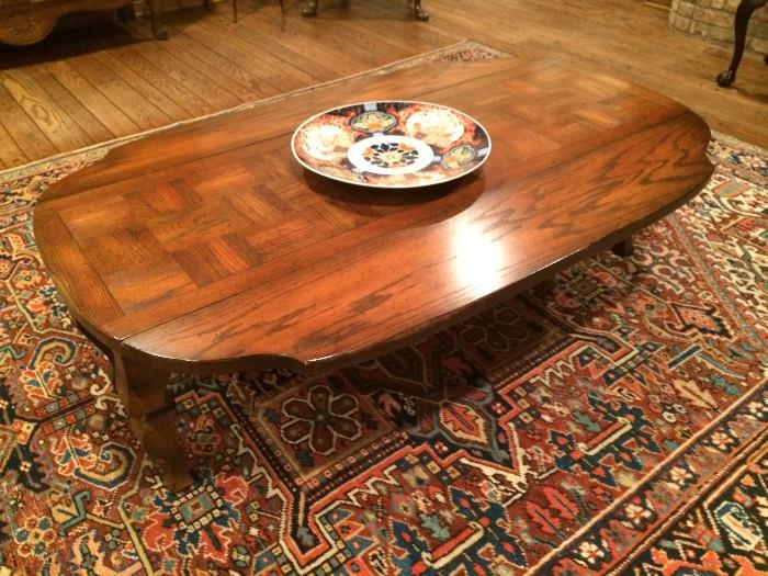 Drop leaf coffee table; fabulous rug; Imari charger