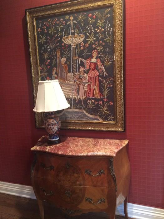 Marble top Bombay chest & English tapestry