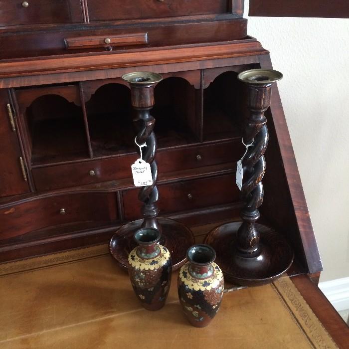 Barley twist candle sticks; pair of small Cloisonne vases